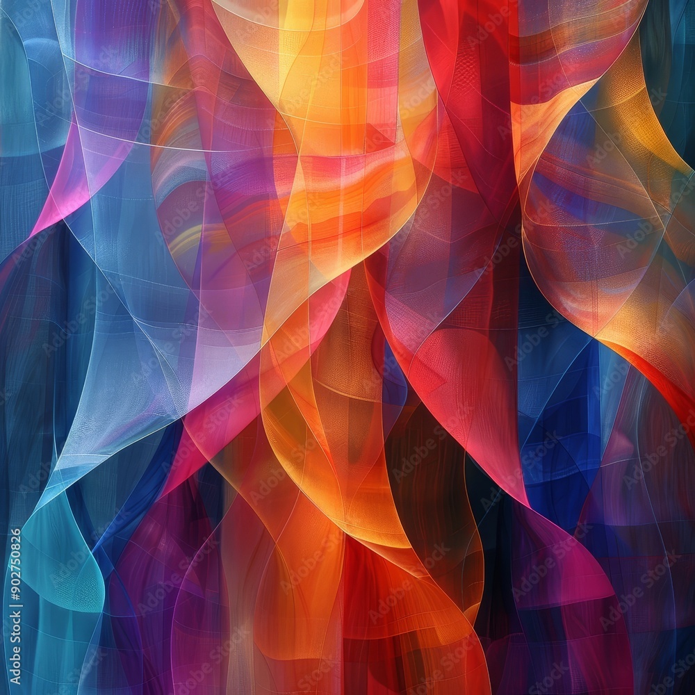 Poster abstract colorful fabric flowing in the wind, creating a vibrant and dynamic composition.