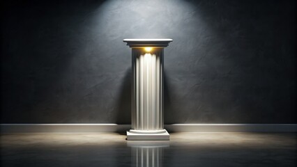 Elegant white pedestal stands alone against dark background with subtle lighting showcasing sleek modern minimalist interior design ambiance.