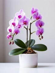 A bright blooming purple orchid with a delicate structure, in a white pot on a slightly blurred background. AI generated.