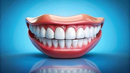 Obraz premium Dazzlingly white teeth dental treatment smile representation isolated on a clean blue background with subtle shadows and reflections.