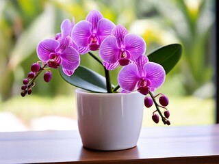 A bright blooming purple orchid with a delicate structure on a slightly blurred background. AI generated.