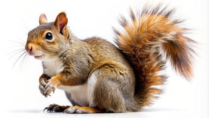 Obraz premium Adorable fluffy brown squirrel isolated on pure white background with vibrant ears and bushy tail in sharp focus contrast.