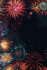 Fototapeta premium Colorful vibrant fireworks illuminating night sky in holiday celebration, copy space