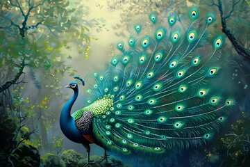 Obraz premium Elegant peacock with vibrant feathers in a lush forest