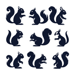 Set of nine black silhouettes of squirrels in different poses.