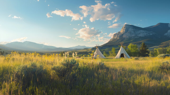 The tipi stands gracefully in a field, with the American Rocky Mountain landscape stretching out in the background on a sunny summer morning.