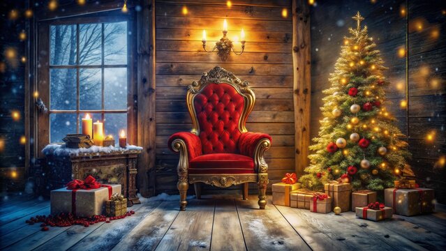 Vibrant festive scene featuring majestic Christmas Santa's abandoned velvet throne amidst snowflakes and golden ornaments in a dark rustic cabin.