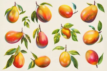 Obraz premium Illustration set of ripe mangoes with lush green leaves on a light background
