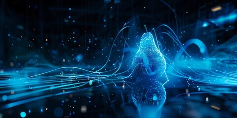 Futuristic Glowing Blue Pear: Surreal Fruit Marketing Concept. Luminous Pear Surrounded by Dynamic Light Trails on Dark Reflective Surface. Innovative Visual for High-Tech Product Campaigns, Sci-Fi In