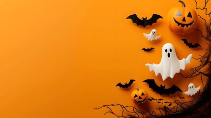 Halloween Spooktacular: A flurry of playful ghosts and bats dance against an orange and gold backdrop, creating a festive and spooky atmosphere. Perfect for Halloween celebrations, party decorations, 