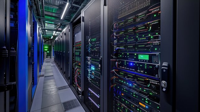 A row of computer servers with green lights on them