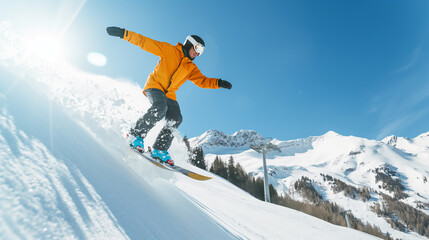 Jumping snowboarder from hill in winter 