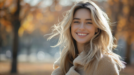 Obraz premium Beautiful Blonde Woman Smiling Outdoors During Autumn Season with Sunlight