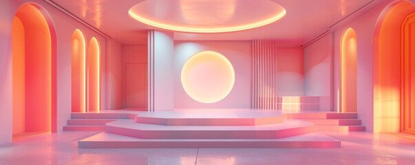 Modern minimalist stage with futuristic lighting in abstract blue and pink design