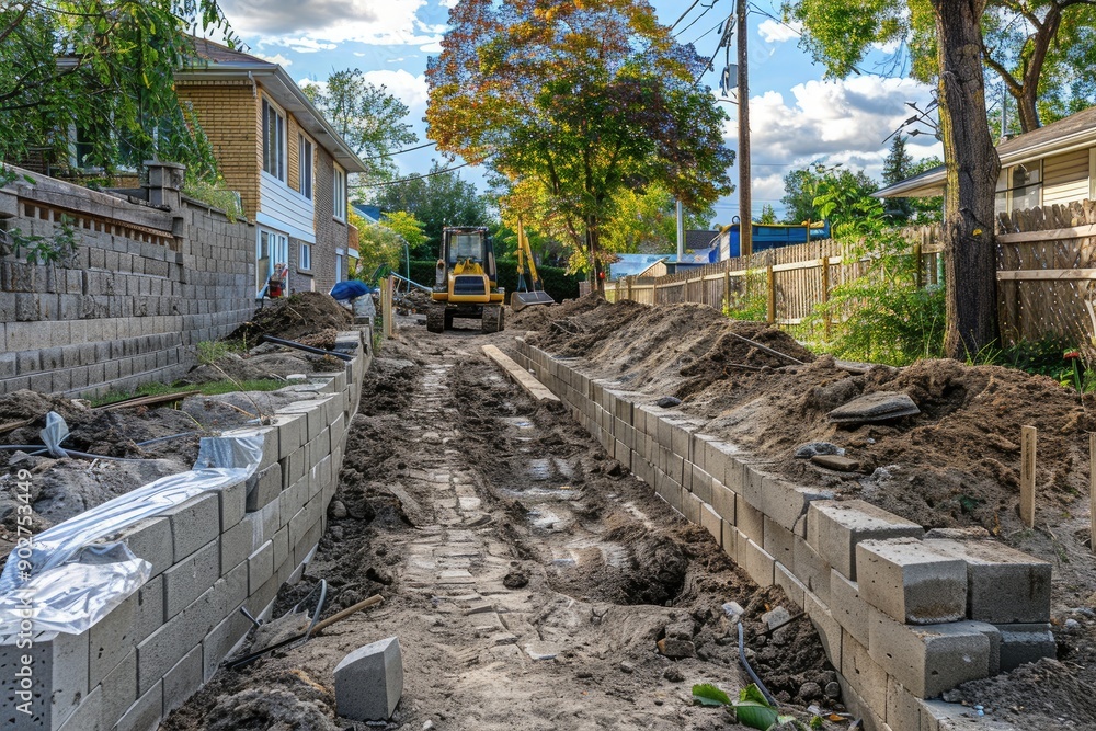 Aufkleber a construction site with a bulldozer and a pile of bricks. scene is that of a busy and active constr