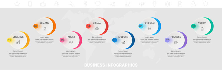 Fototapeta premium Vector timeline infographics template with eight circles and options. Blank space for web, infographic, diagram, business, digital network, flowchart, presentations