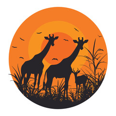 Naklejka premium Silhouettes of giraffes and a gazelle at sunset.