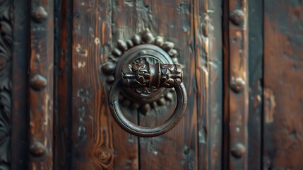 Detail of a bronze knocker on a wooden door