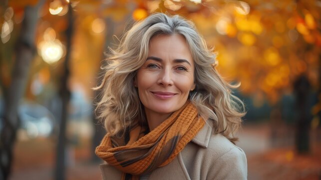 Beautiful Smiling Mature Woman Enjoying Autumn Outdoors in a Scenic Park