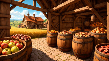 Medieval cranary or storehouse is full of food, bread, eat and apples, wheat fields and a farming village in the background, Fantasy Middle Ages, high detail illustration