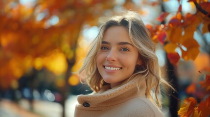 Fototapeta premium Beautiful Smiling Young Woman in Autumn Park Setting with Vibrant Fall Colors