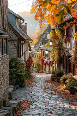 A charming village street in autumn, with quaint cottages adorned with fall decorations, and cobblestone pathway covered in fallen leaves.