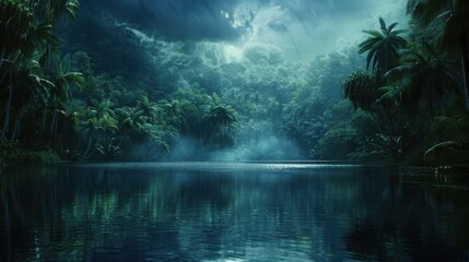 Mysterious tropical rainforest, dark and tranquil, showcasing the natural beauty and spooky atmosphere of the jungle.