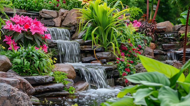 Detail of beautiful landscaped garden with green plants flowers and small waterfall in backyard