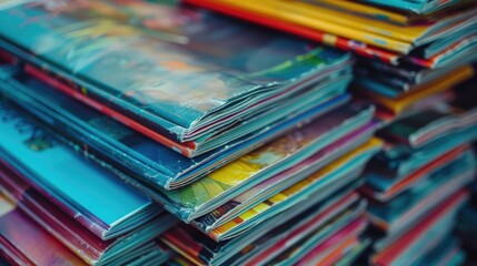 A stack of magazines with a blue magazine on the bottom. The magazines are colorful and stacked on top of each other