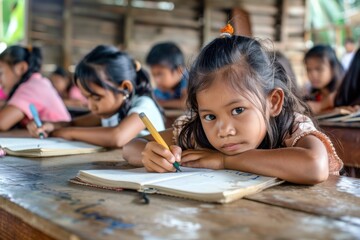 Young girl engaged in writing at a rural school classroom in southeast Asia