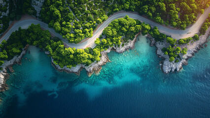 Aerial View of Coastal Road and Lush Forest