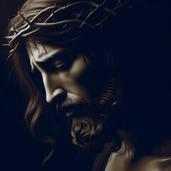 Naklejka premium A detailed and realistic image of the face of Jesus, capturing a profound sense of compassion, wisdom, and serenity. The expression on Jesus' face reflects deep empathy and a calm presence, with finel