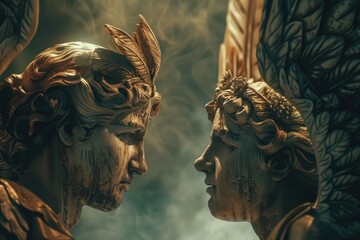 Two ancient stone statues standing together in harmony