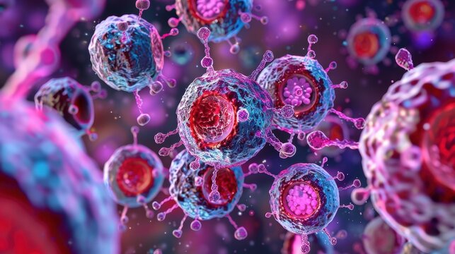 3D illustration of lymphocytes including T-cells, B-cells, and NK cells, highlighting their role in the adaptive immune system.