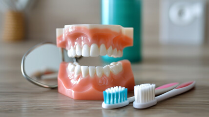 歯の模型と検査器具のクローズアップ