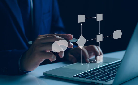 Workflow computer automation for business office. Developer writing flowchart to process workflow set plan and manage project data document. Computer git software system. Business technology