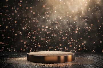 Sparkling golden bokeh lights illuminating a circular podium for product presentation