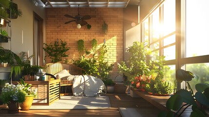Digitally generated cozy and ceiling fan modern balcony garden