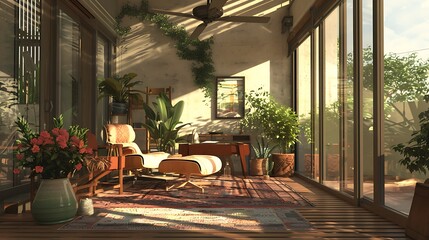Fototapeta premium Digitally generated cozy and ceiling fan modern balcony garden