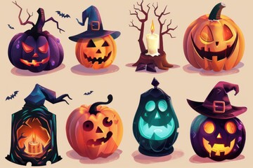 Colorful illustration set of Halloween pumpkins and decorations. Festive autumn spirit.