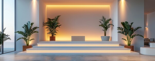 Minimalist interior design with pastel color lighting and modern decor elements
