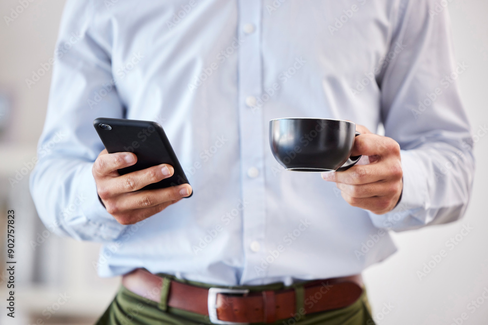 Poster business, man and hands with coffee or phone for social media scroll, reading notification and web s