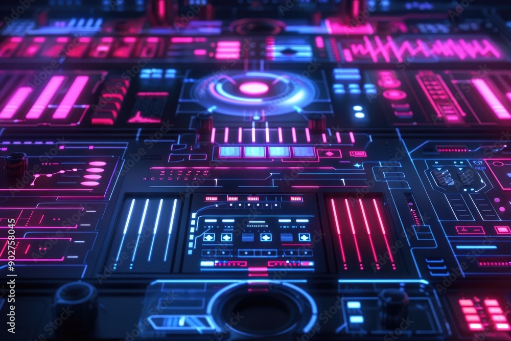 Poster a close-up shot of a computer board with glowing neon lights, ideal for use in tech-related projects