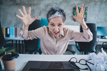 Photo of unhappy stressed mature lady specialist formalwear shouting you working modern gadget...