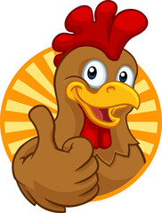 A chicken cartoon rooster cockerel character mascot giving a thumbs up.