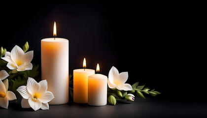  Burning candles and flowers on black background with space for text an obituary, list of dea