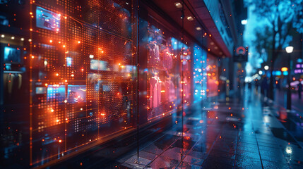 A window display with a lot of lights and a blurry background