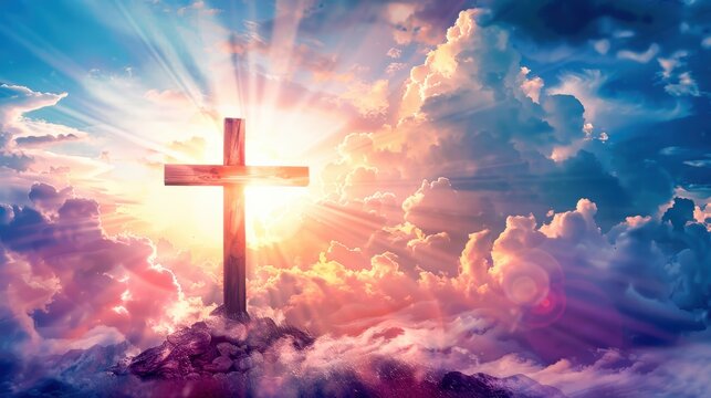 Artistic Easter greeting card featuring the cross on Golgotha, with radiant light rays emerging from behind clouds, highlighting the significance of Easter