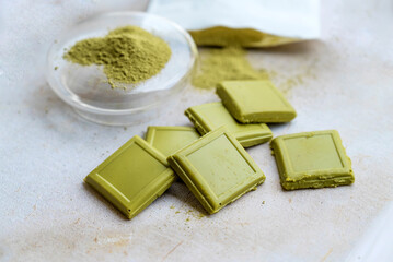 Green chocolate with matcha powder