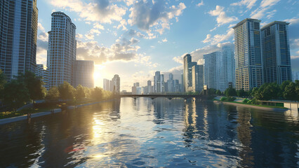 Fototapeta premium Cityscape with River and Skyscrapers